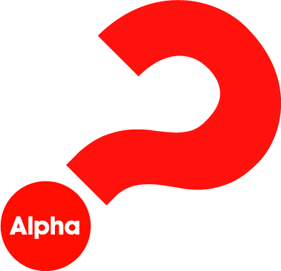 Rött lutande frågetecken med texten Alpha i pricken under