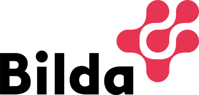 Logga för Studieförbundet Bilda: namnet i svart text och en röd symbol ovanför till höger.