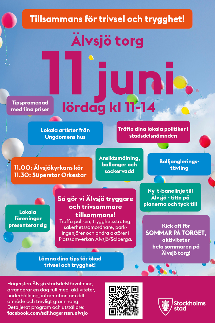 Affisch för Älvsjödagen 2022 med information om olika programpunkter.